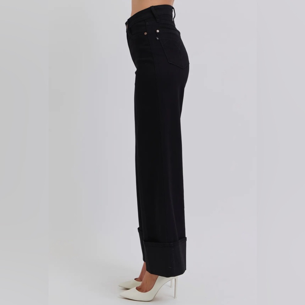 NWT Judy Blue High Waisted Retro Wide Cuffed Leg Black Jeans - Picture 5 of 7